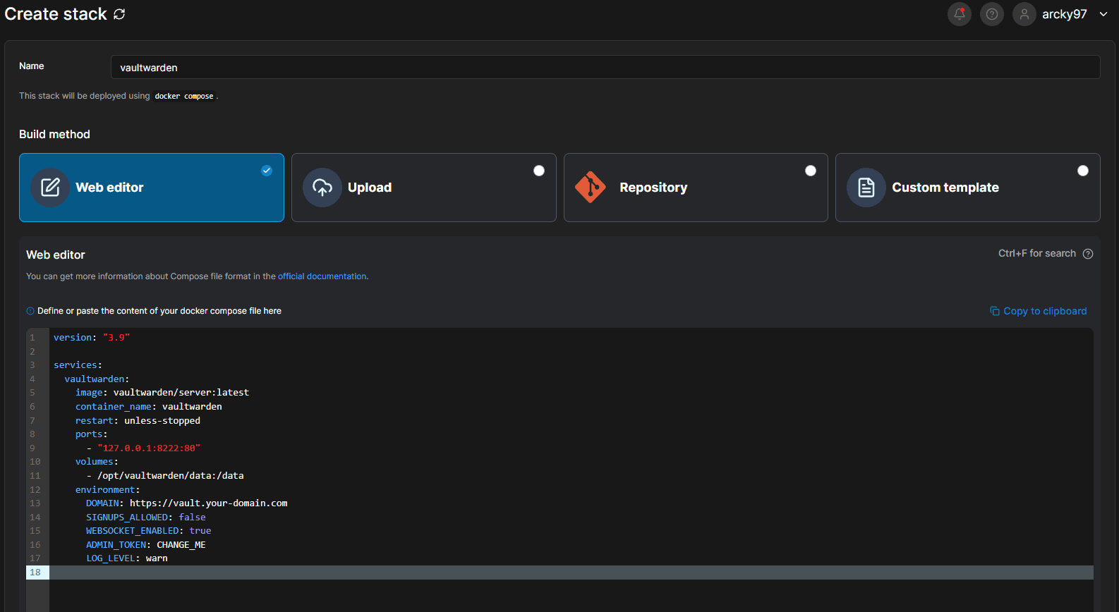 Portainer Stack Name and Content