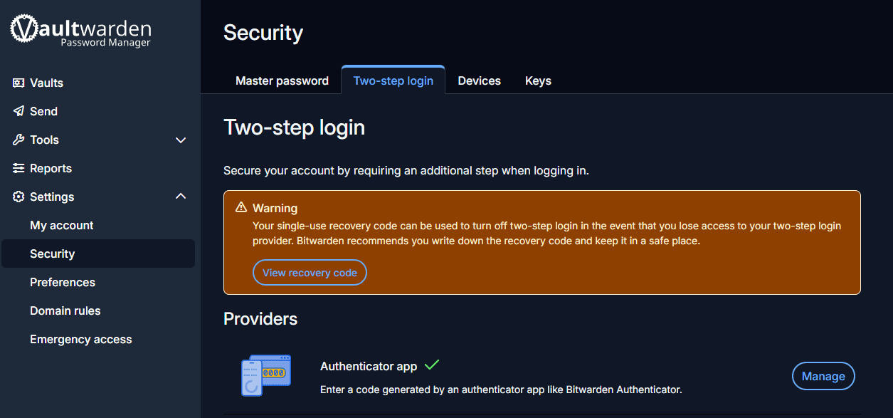 Vaultwarden Two-step Login